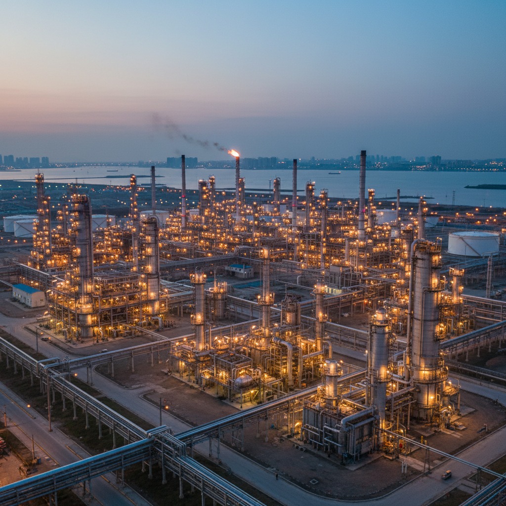 An industrial oil refinery complex illuminated at twilight with a flare stack burning against the evening sky.