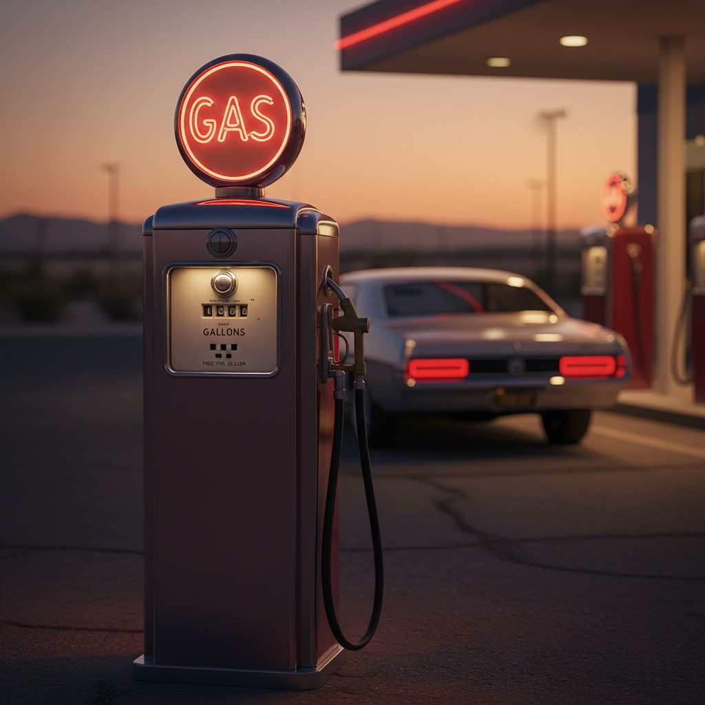 A vintage gas pump with a glowing neon sign stands at a service station at sunset with a classic car parked in the background.