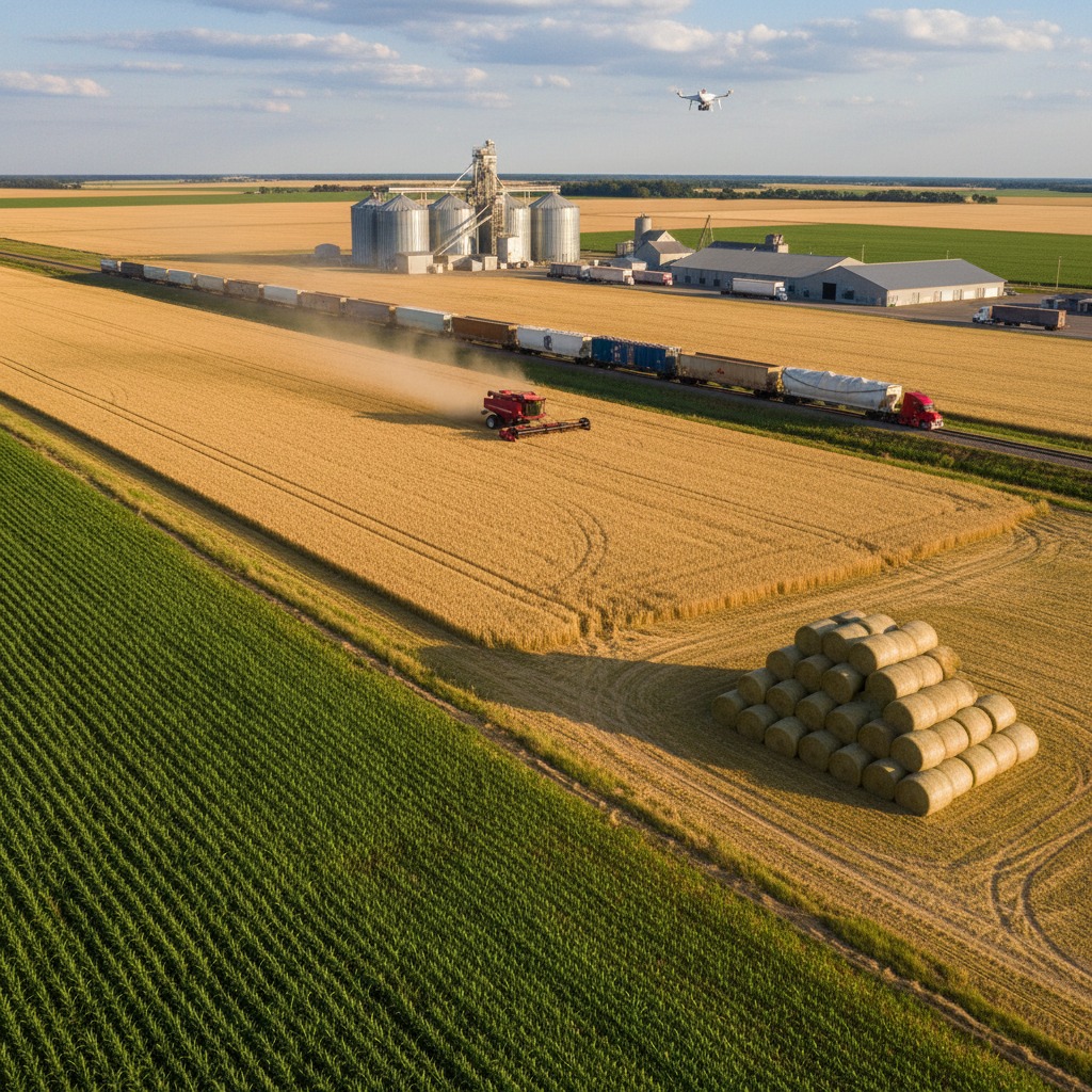 A combine harvester works in a golden wheat field next to a freight train, grain silos, and a stack of hay bales under a clear sky.